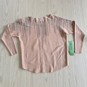 Sirenlily Petite Medium Beige Long Sleeve Rhinestone Jewel Neck Sweater